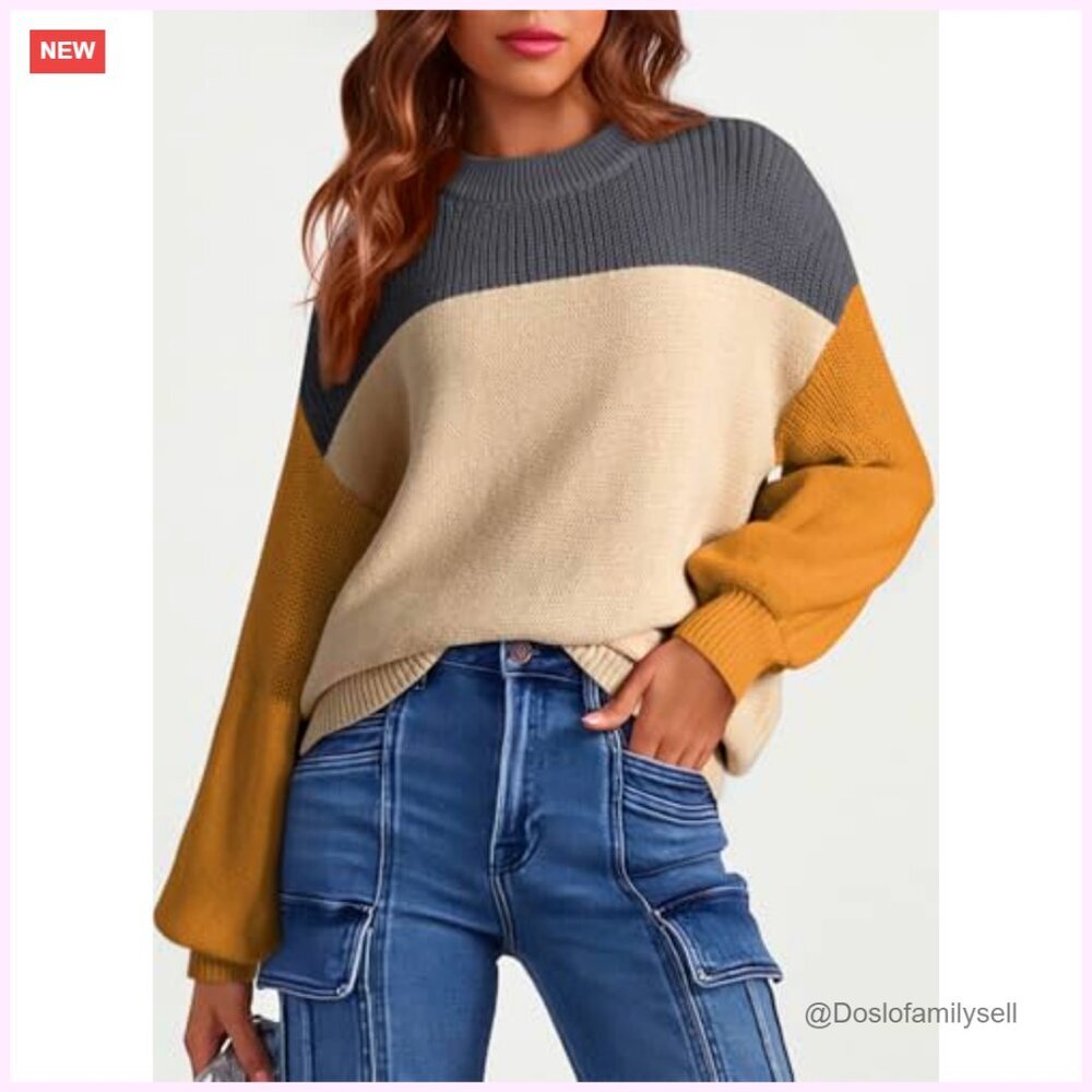 Women's Long Sleeve Crewneck Pullover Sweater, Loose Fit Knit Top - Picture 2 of 7